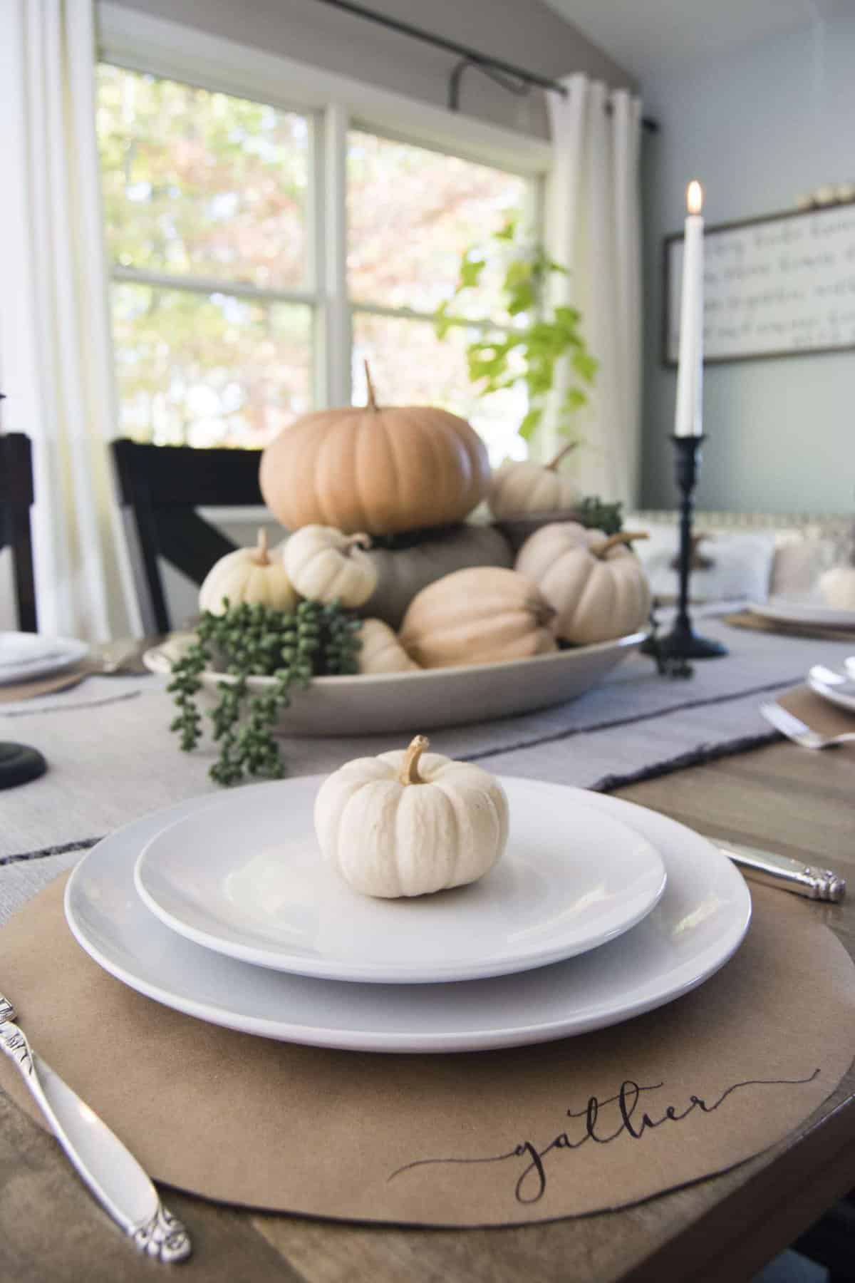 A DIY Project: Thanksgiving Chargers! Learn how to make these "Gather" thanksgiving table setting chargers in 20 minutes and for less than $4.