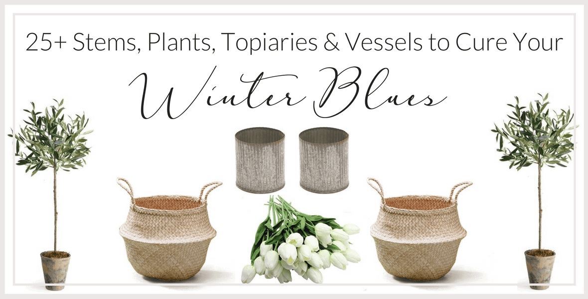 Do you need to bring the outdoors in to beat the winter blues this season? I've gathered 25+ faux stems, plants, topiaries and vessels for you to help bring spring indoors this winter! Fix your winter blues with these no-fuss ways to bring your home to life with plants and florals.