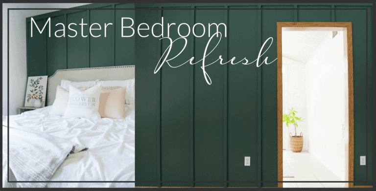 A master bedroom should be your oasis! That is exactly what I created when I installed a modern farmhouse bedroom accent wall. Head to the blog to see my master bedroom retreat and to get the tutorial and paint sources!