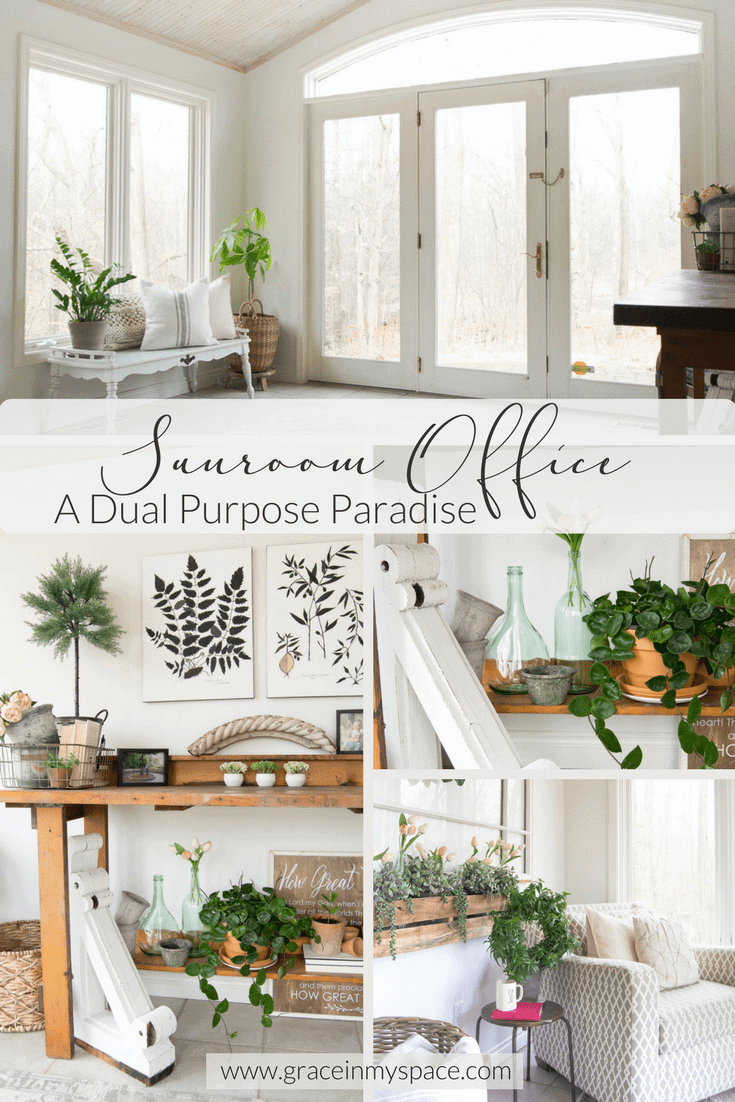 Have you ever needed to carve an office into another space? Today I'm sharing how I made a sunroom office into a dual purpose paradise. A little sun and nature mixed with a little work and modern convenience. Head to the blog for all the details www.graceinmyspace.com.