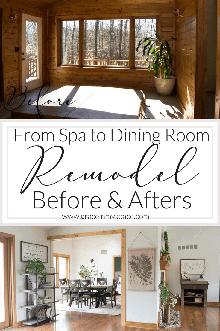 Dining room remodel before and after. How we converted a former indoor spa room to a functional dining space for our family.