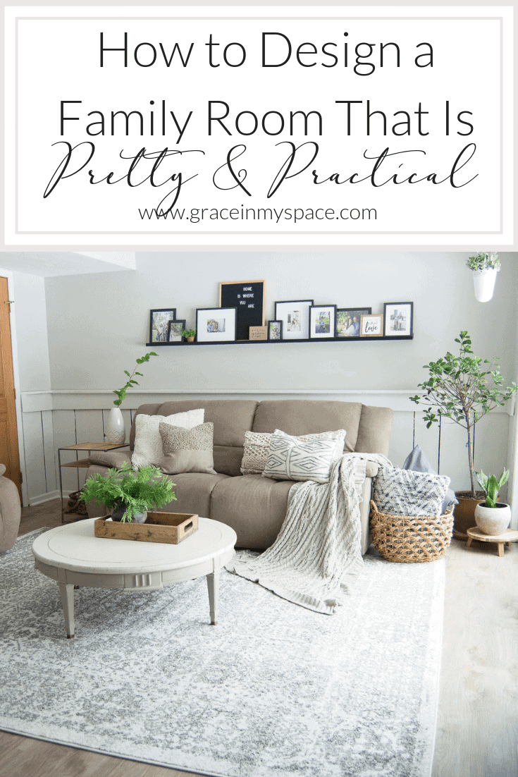 Do you struggle to keep your family room pretty and practical? Today I'm sharing my family room design and how I make it work for an active family of four. #fromhousetohaven #familyroomdesign #livingroom #homedecor