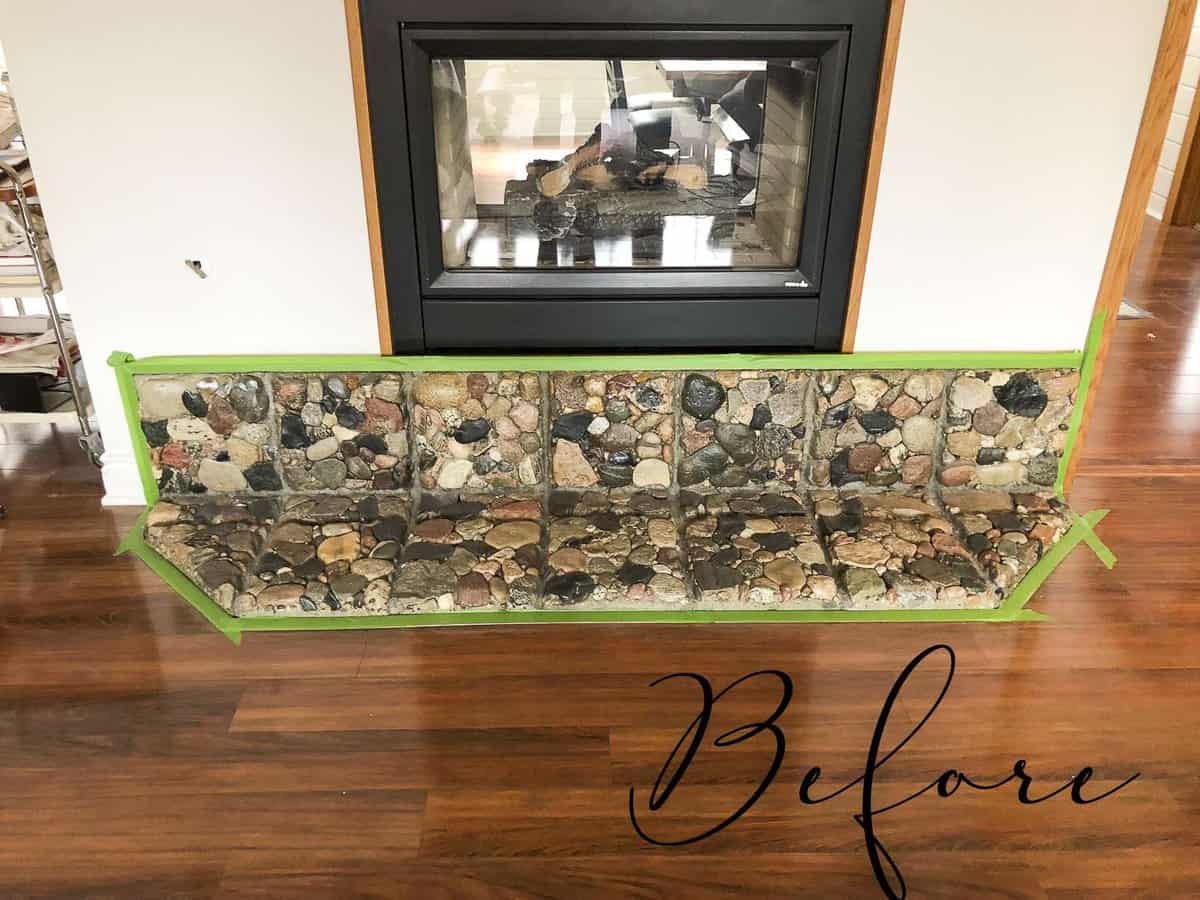 Are you looking for an easy way to update a river rock hearth? Try the german schmear technique to transform outdated rock to beautiful European country style. #germanschmear #fireplace #diyfireplace