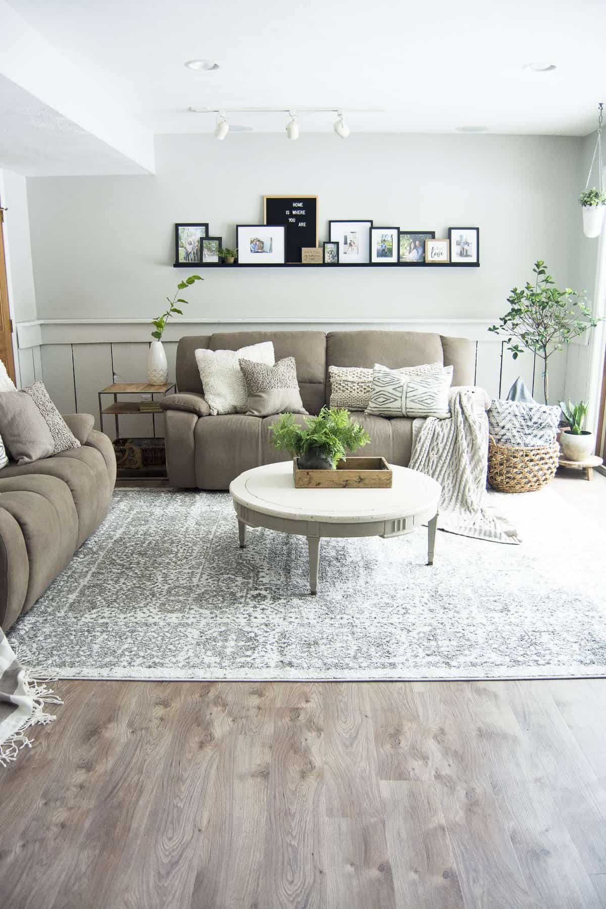 Looking for beautiful basement flooring that will stand up to water, pets and kids? Here is a modern farmhouse basement makeover with flooring made to last. #modernfarmhouse #basementflooring #basementremodel #fromhousetohaven