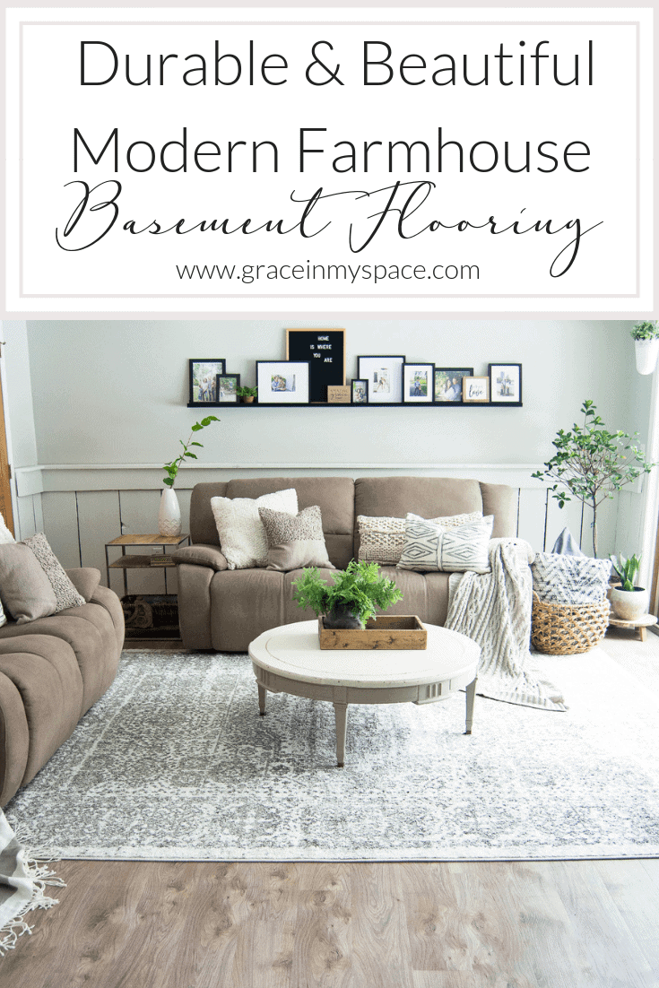 Looking for beautiful basement flooring that will stand up to water, pets and kids? Here is a modern farmhouse basement makeover with flooring made to last. #modernfarmhouse #basementflooring #basementremodel #fromhousetohaven
