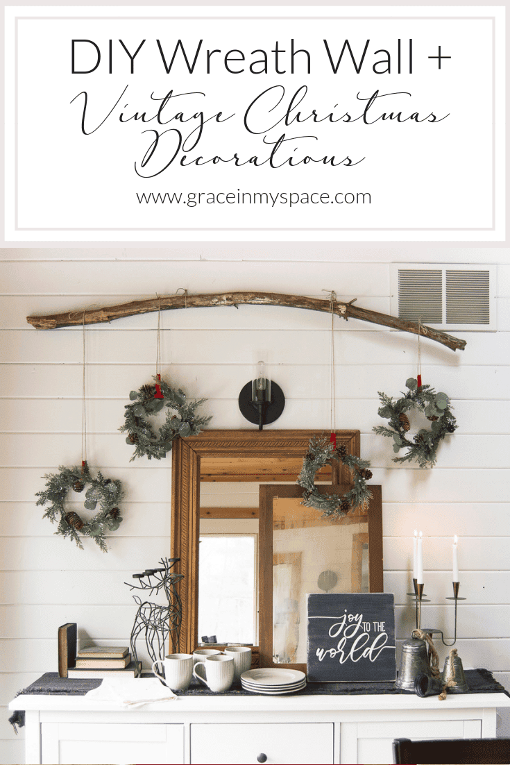 Vintage Christmas decorations are a beautiful addition to your Christmas decor. See how I styled my vintage decor alongside a DIY wreath wall! #vintagechristmasdecorations #christmasdecor #christmaswreath