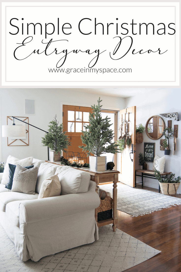 Do you have a small entryway? Today I'm sharing easy tricks and tips to style an entry with simple Christmas entryway decor. #entrywaydecor #christmasdecor #simplechristmasdecor #fromhousetohaven