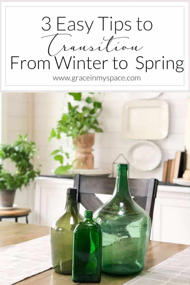 Are you looking for easy ways to transition your dining room from winter into spring? Here are my top three tips for transitional dining room decor ideas. #fromhousetohaven #diningroomdecor #springdecor #winterdecor