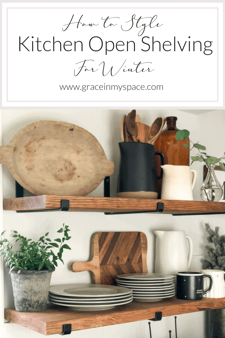 Do you struggle to maintain beautiful and practical open shelving? Today I'm share easy tips for styling kitchen open shelving for the winter season! #fromhousetohaven #kitchenopenshelving #openshelving #modernfarmhousekitchen
