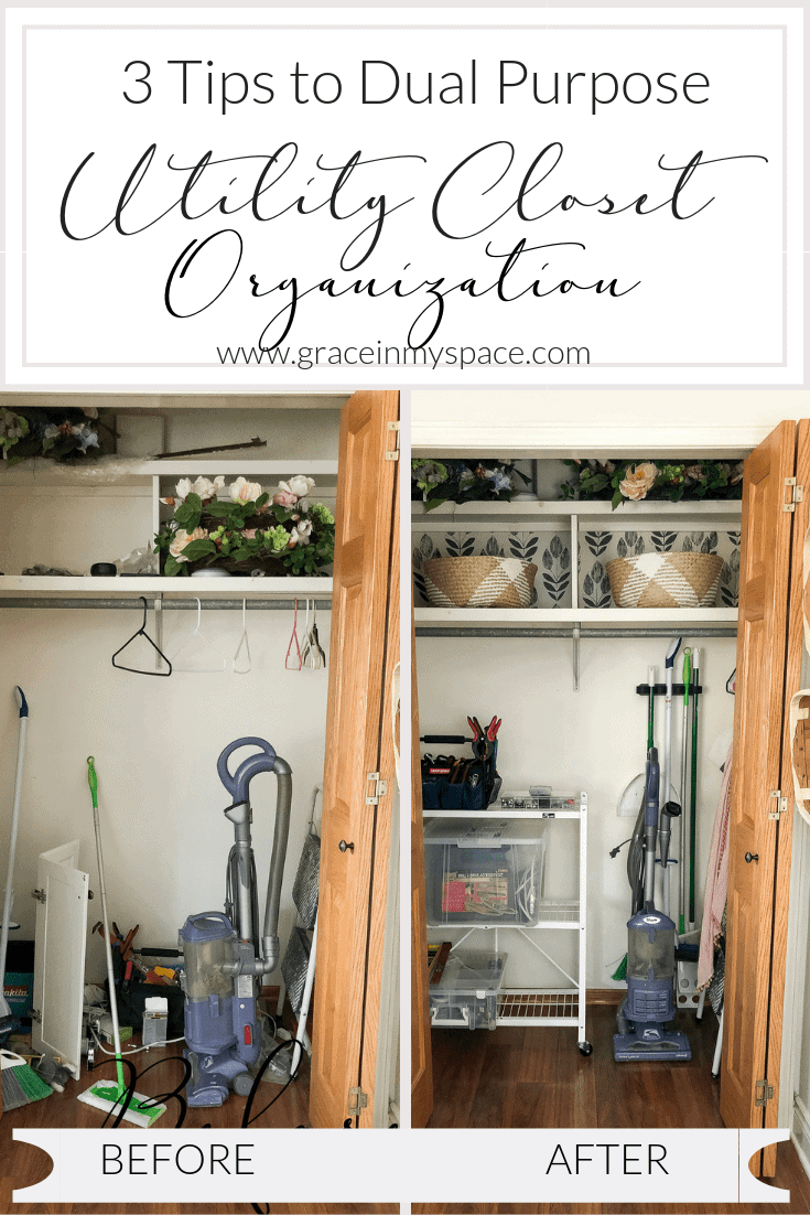 Do you have an awkward and underused entryway closet? Today I'm sharing how I created a dual purpose space with easy utility closet organization tips! #fromhousetohaven #utilitycloset #closetorganization