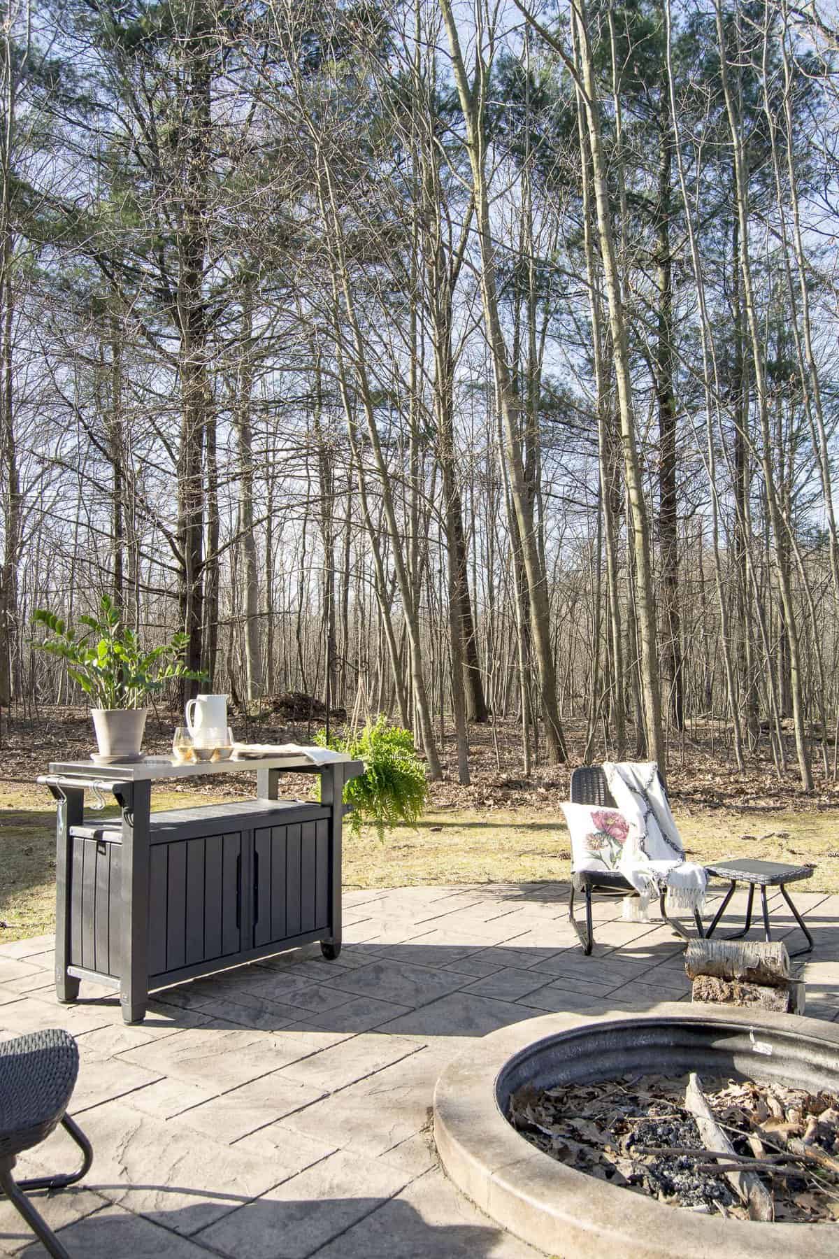 Are you excited for outdoor entertaining? Today I'm sharing my stamped concrete fire pit design plan as I gear up for the warm weather season! #fromhousetohaven #stampedconcrete #patiodesign