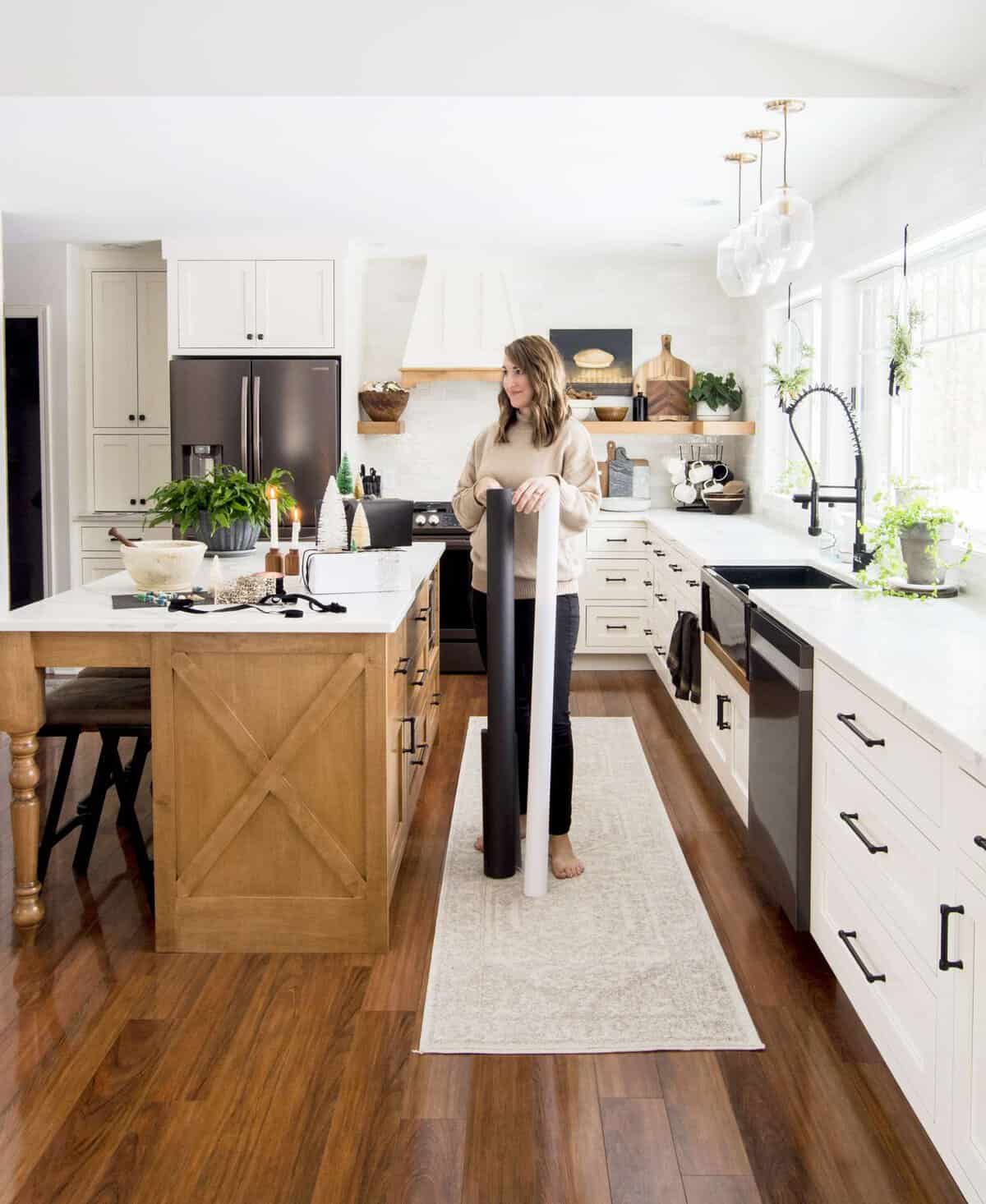 Modern farmhouse kitchen decorated for Christmas.