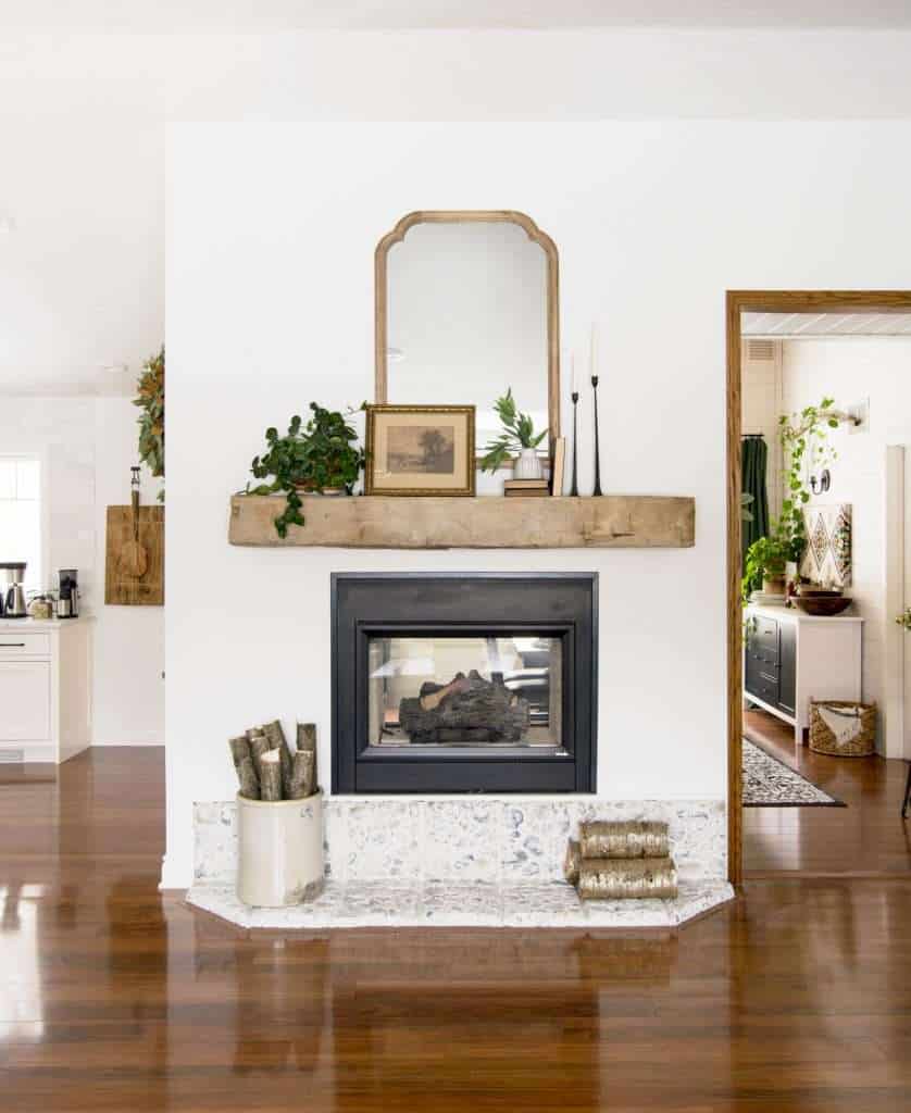 Modern farmhouse style fireplace mantle.