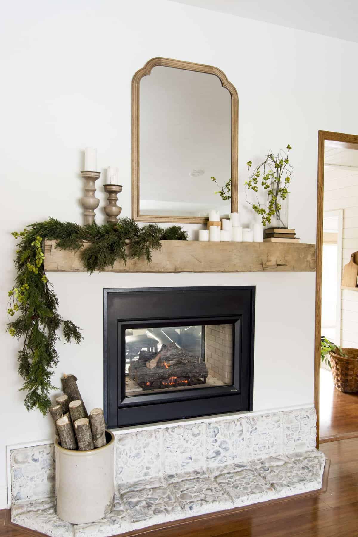 Cozy cottage style fireplace mantel decor.