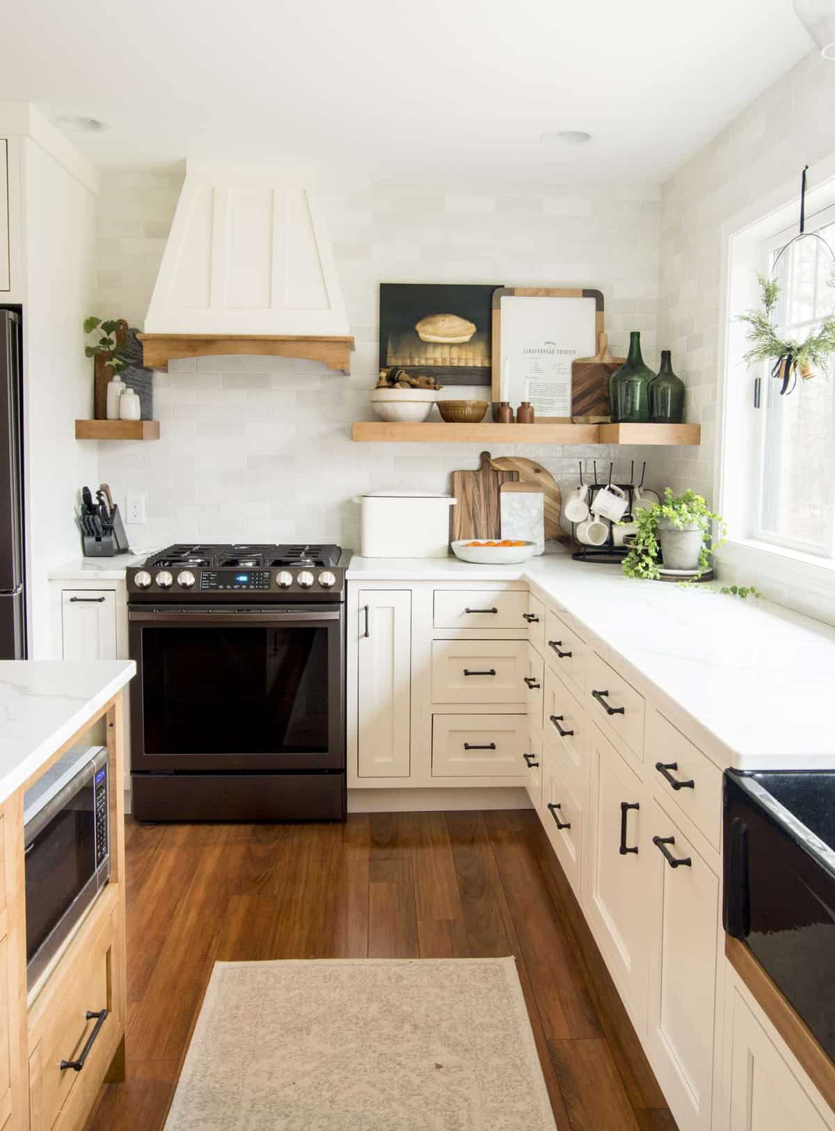Open shelving in a modern farmhouse kitchen design.