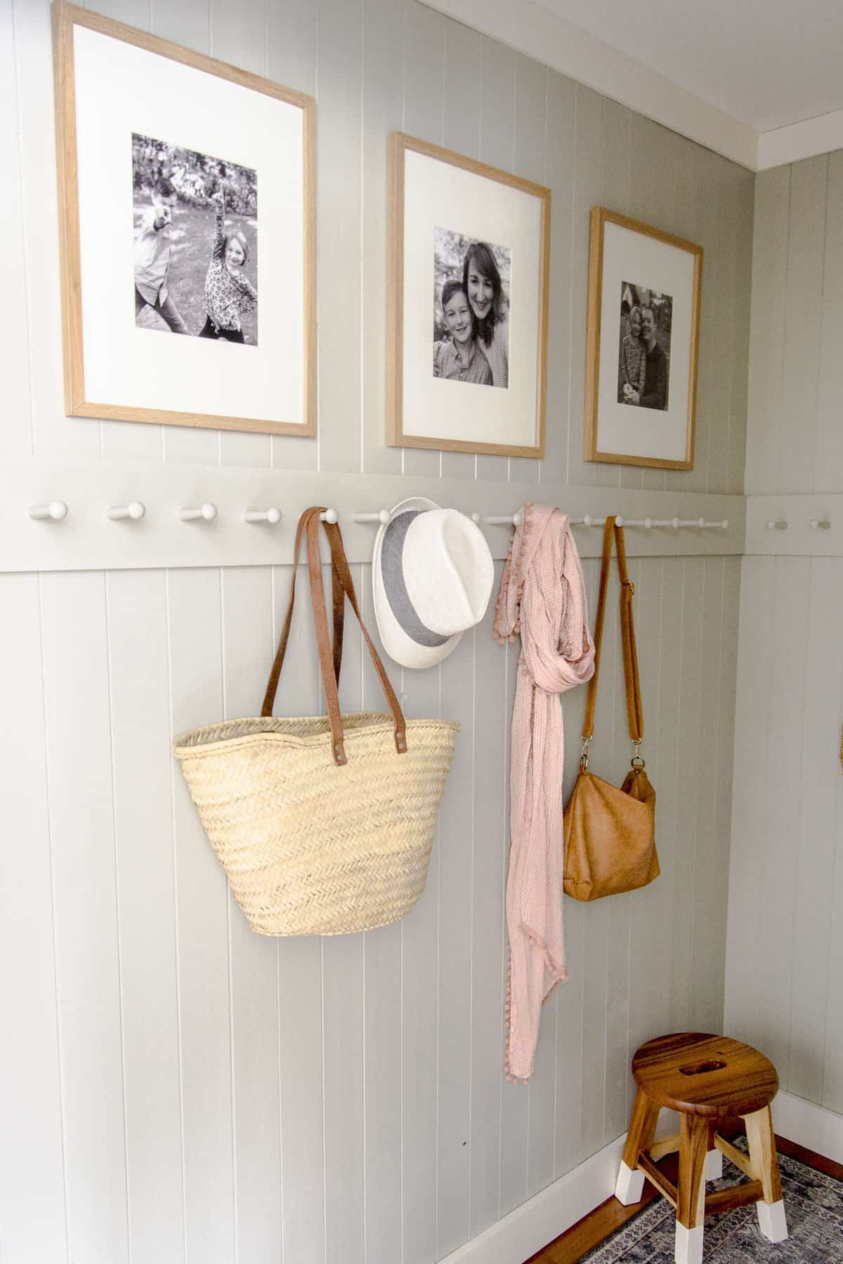 Mudroom design with a peg rack.