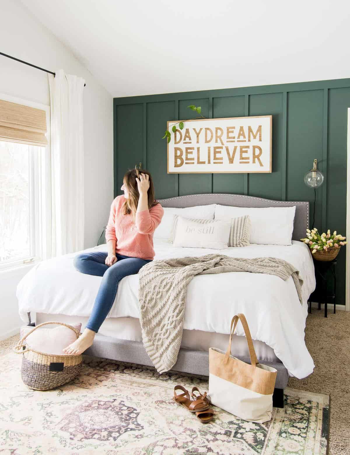 Modern farmhouse style spring bedroom decor.