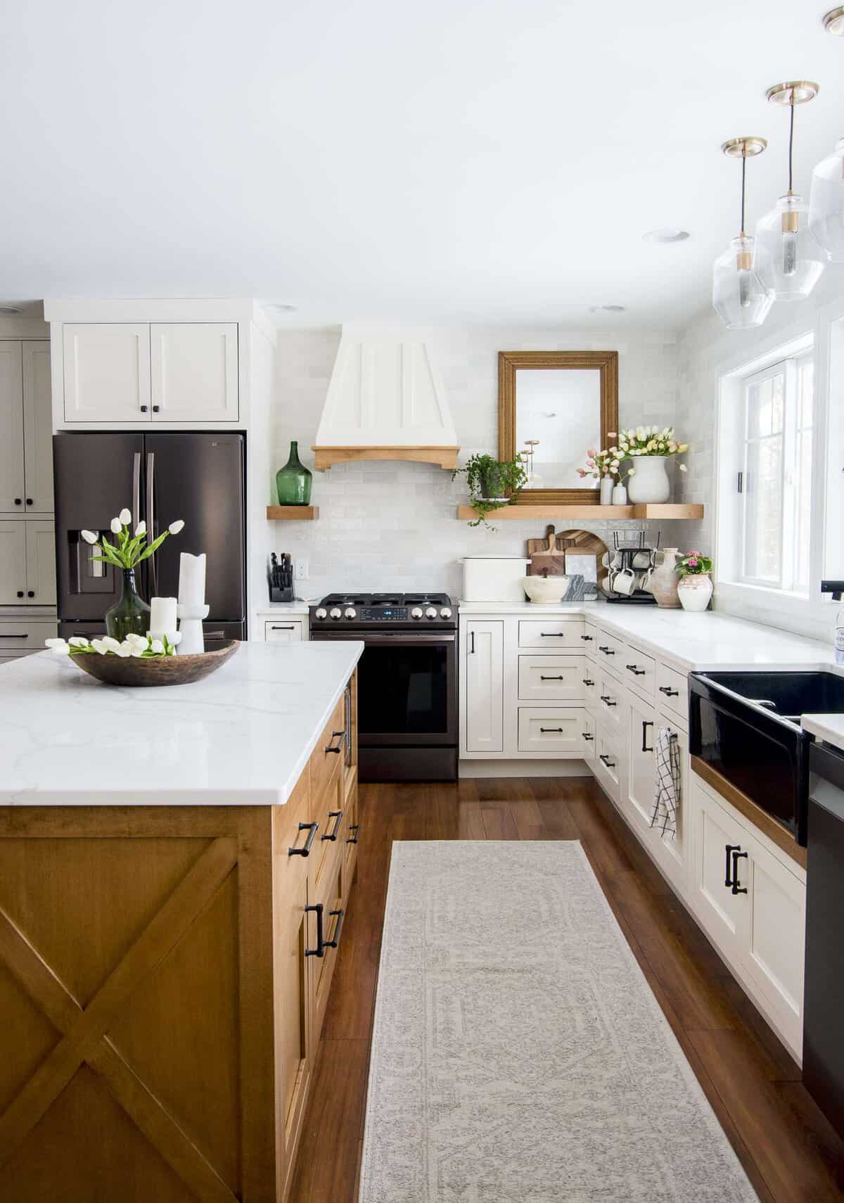 Modern farmhouse kitchen decorated for spring.