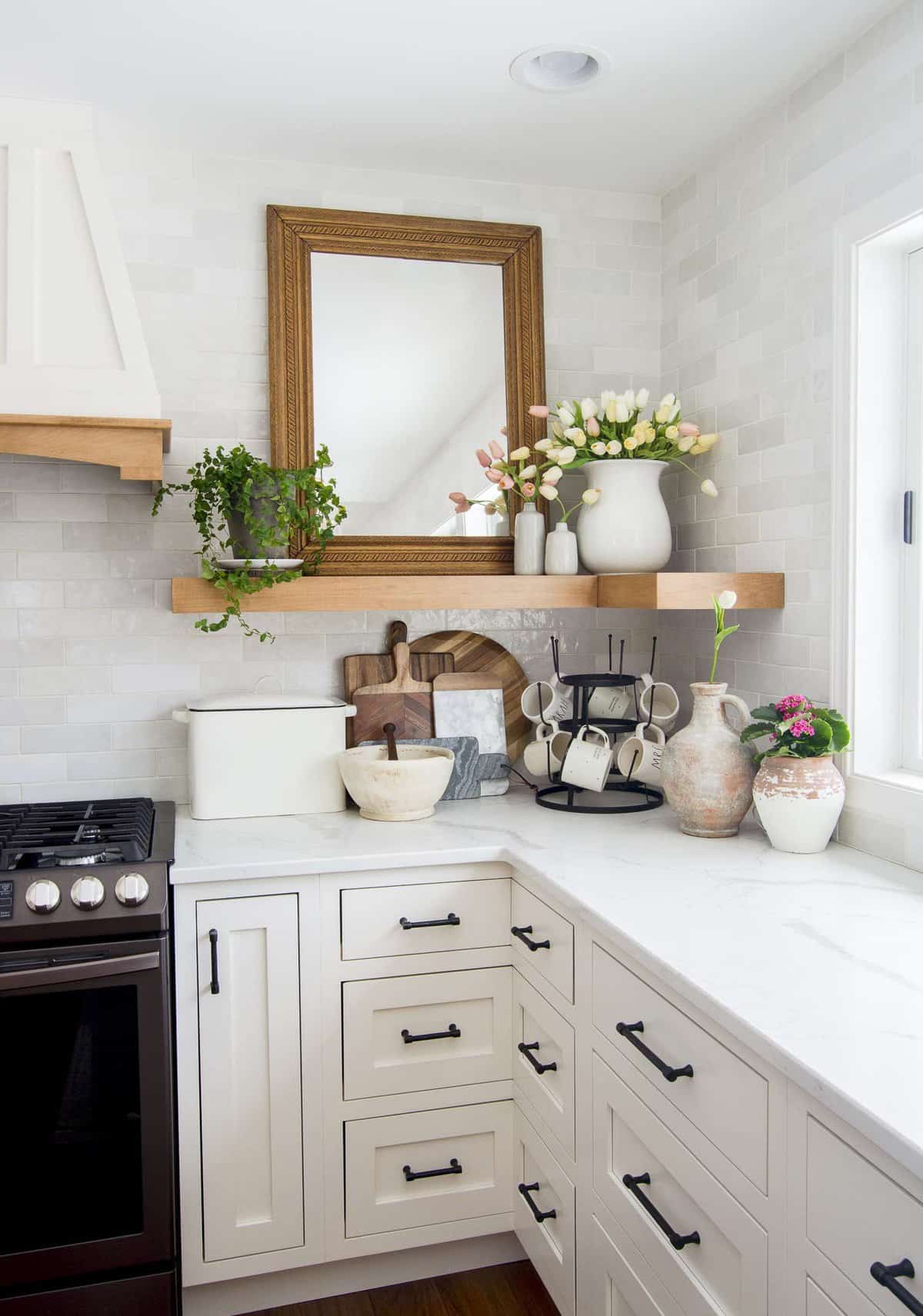 Spring decor on open shelving.