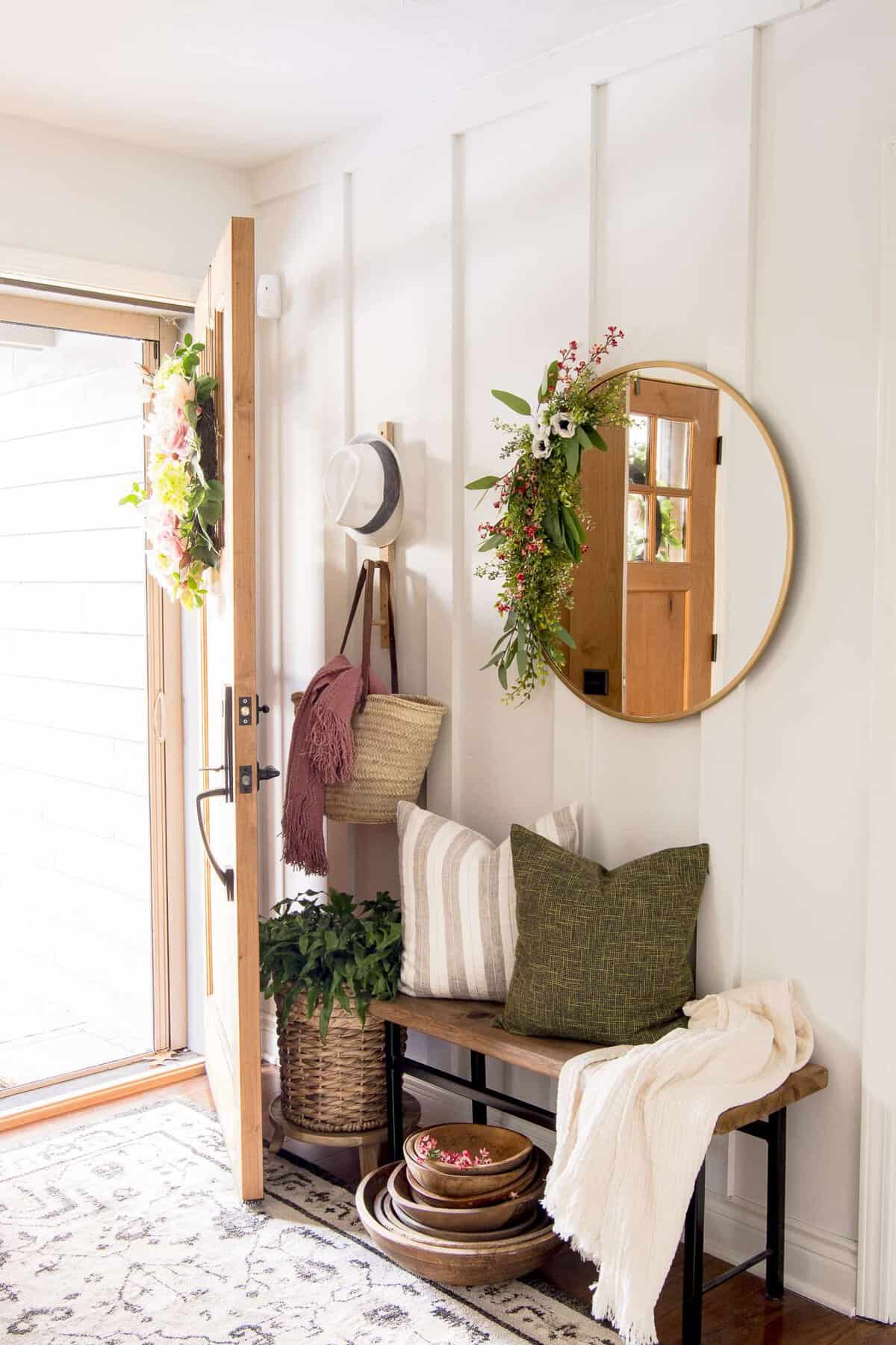 entryway styled for spring