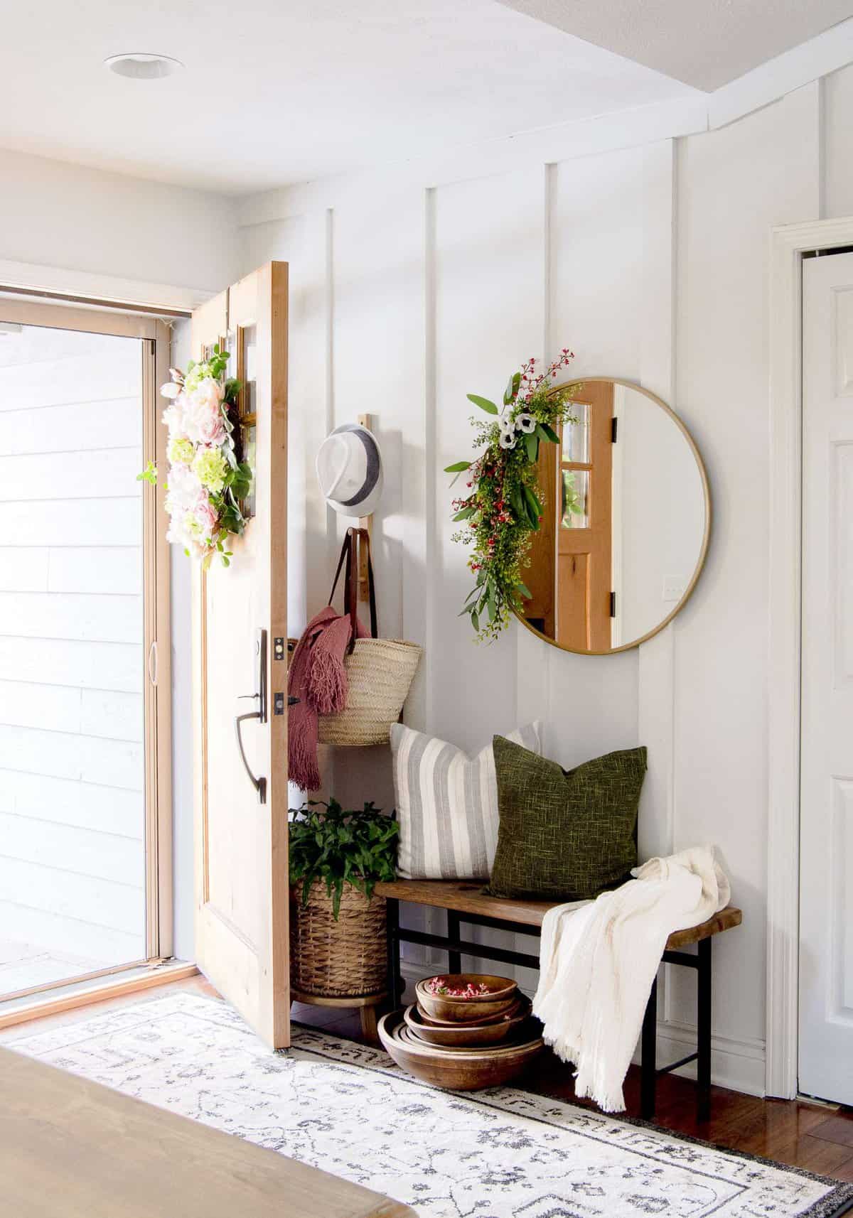 Spring entryway decorated on a budget.