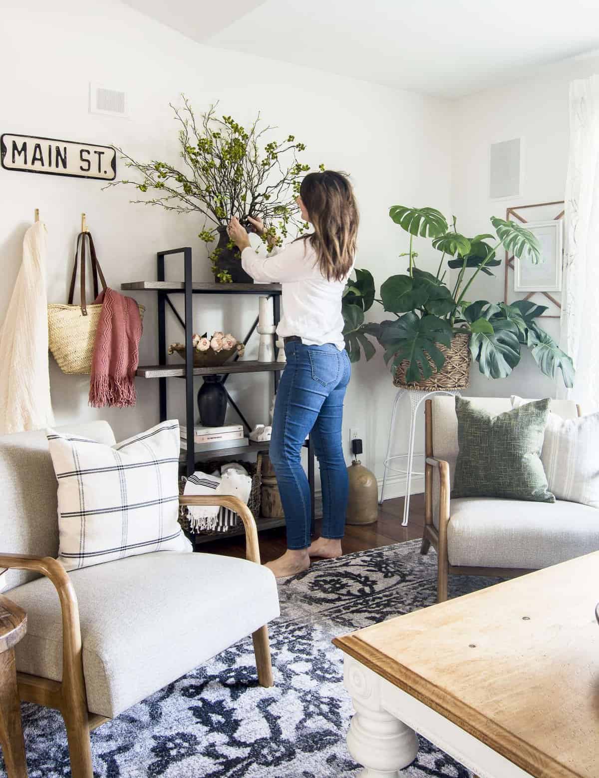 Modern farmhouse living room decorated for spring.