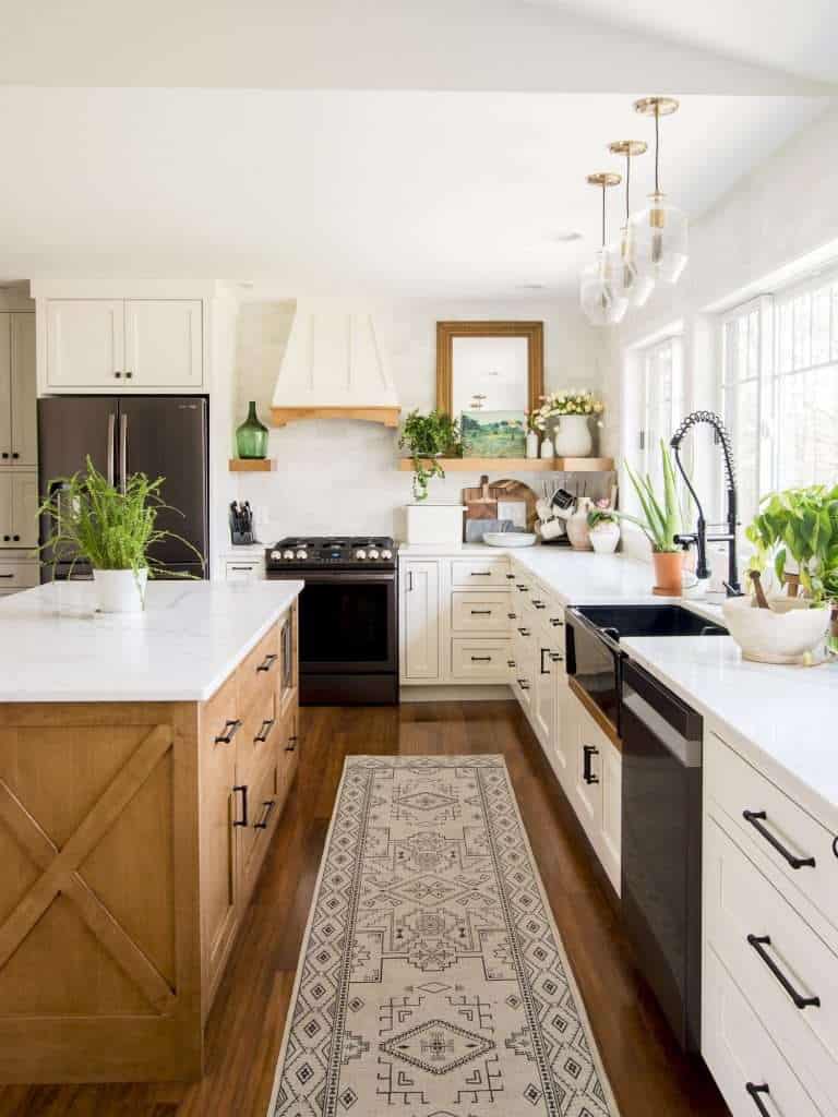 Indoor plant care in a modern farmhouse kitchen.