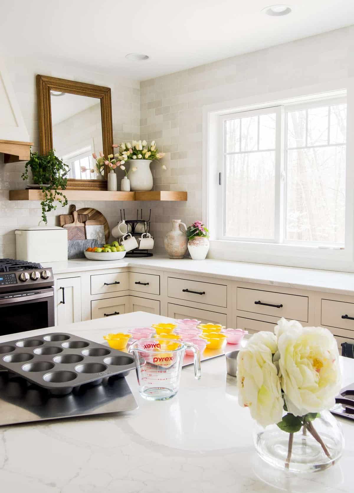 Floral bouquet and baking materials.