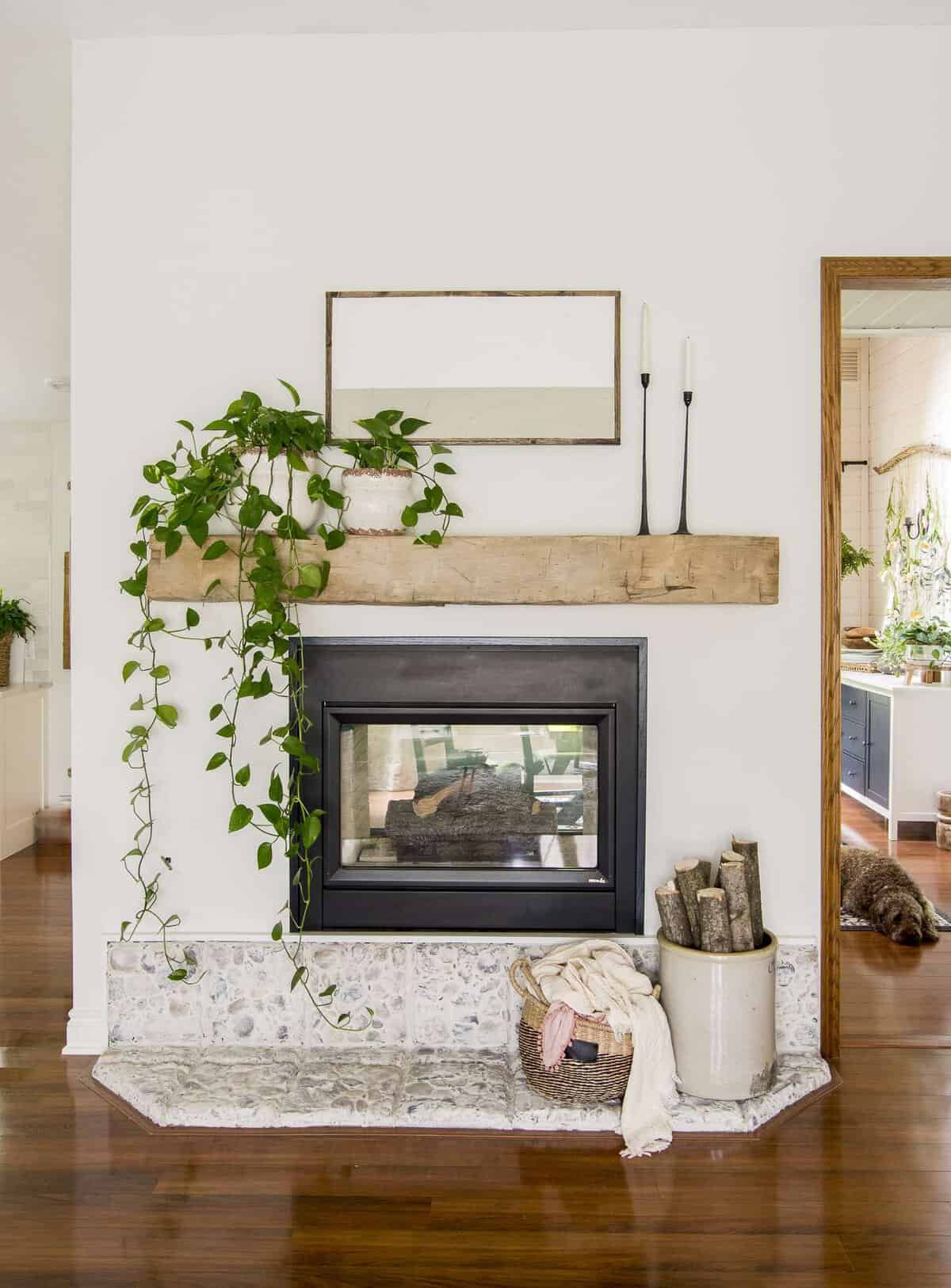 Simple summer mantel with abstract art.