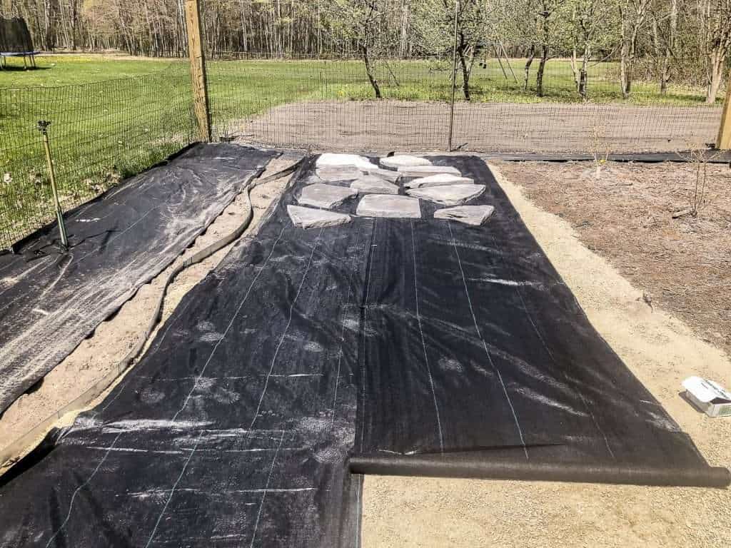 Weed barrier on a flagstone pathway.