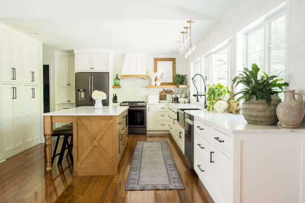 Quartz countertops in a modern farmhouse style kitchen.
