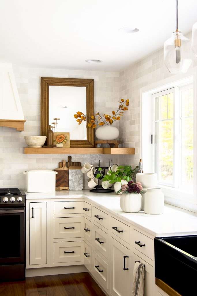 Modern farmhouse kitchen decorated for fall.