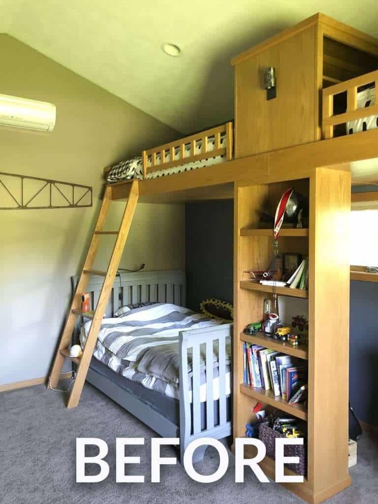 Before photo of a boy's loft bed.