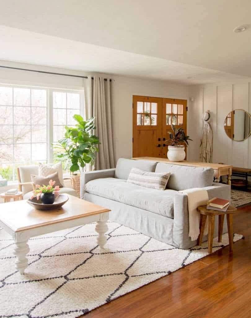 Slipcover sofa in a modern boho living room.