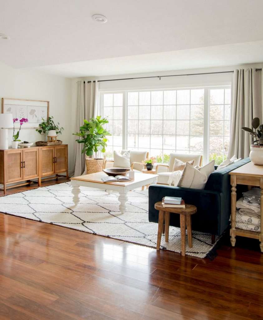 Velvet sofa in a modern bohemian living room