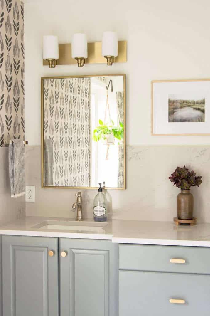 Bathroom vanity with quartz countertops.