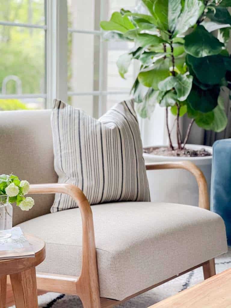 Accent chair with pillow and houseplant.