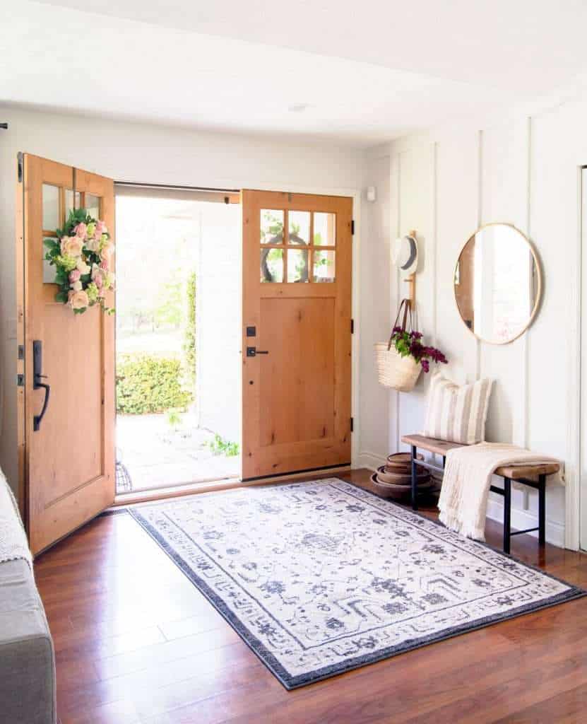 modern farmhouse Entryway bench with open double doors