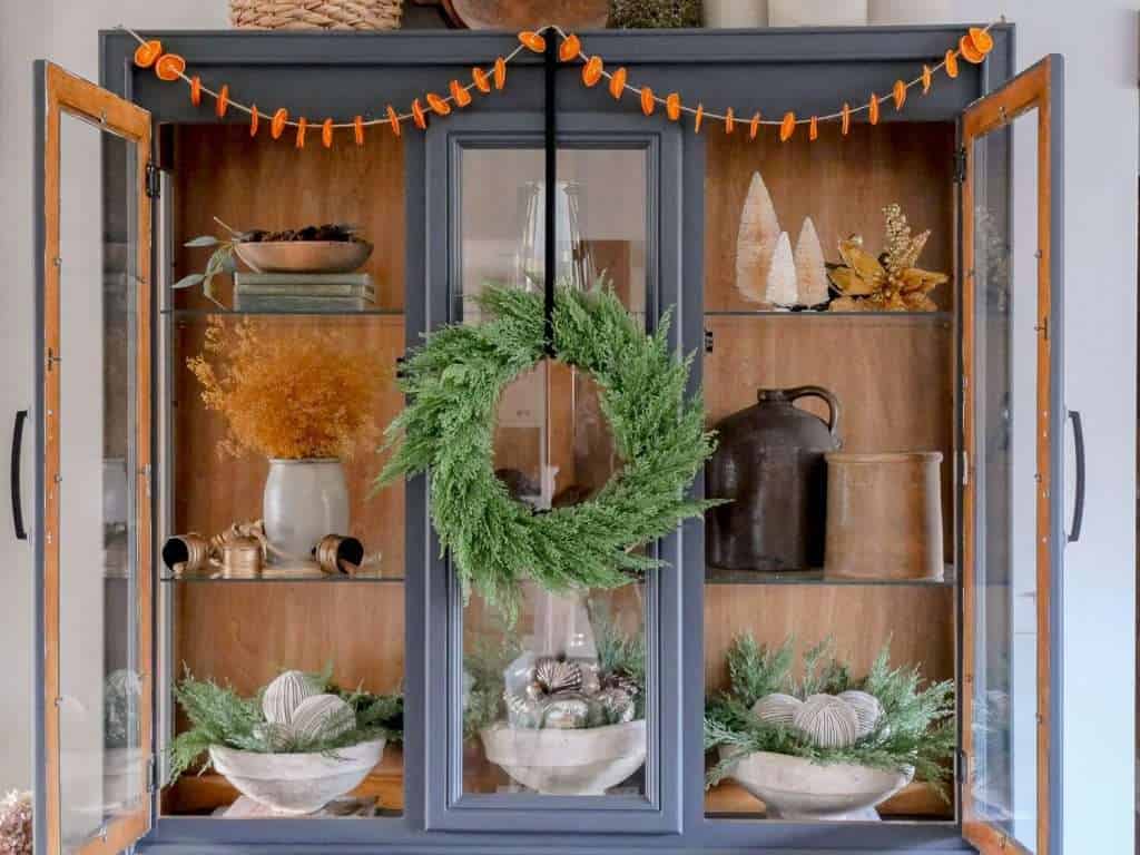 Cabinet with Christmas decor.