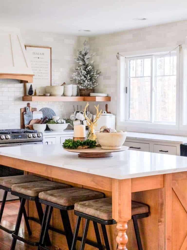 Kitchen island decorated for Christmas.