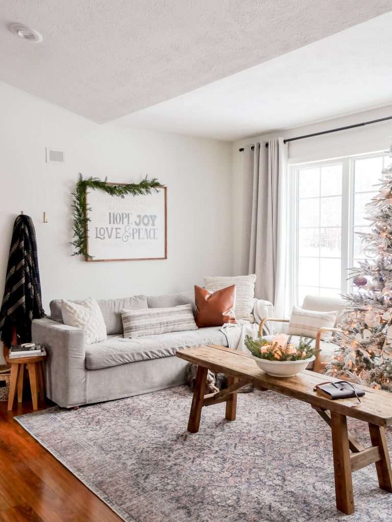 Living room with a sofa and Christmas decor.