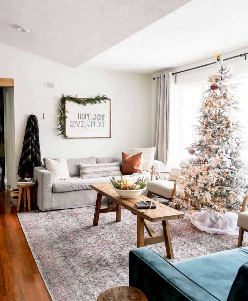 Organic modern Christmas decor in a living room.