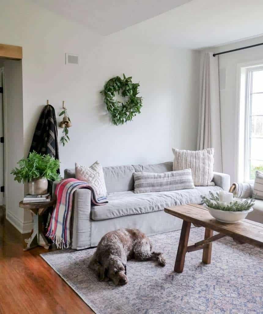 Eucalyptus wreath above a sofa.