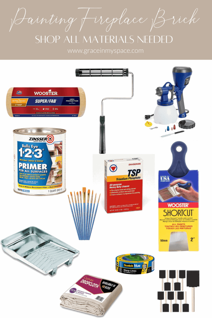 Materials to paint a fireplace.