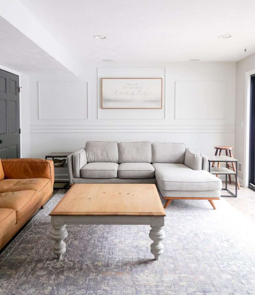 Wall moulding in a basement family room.