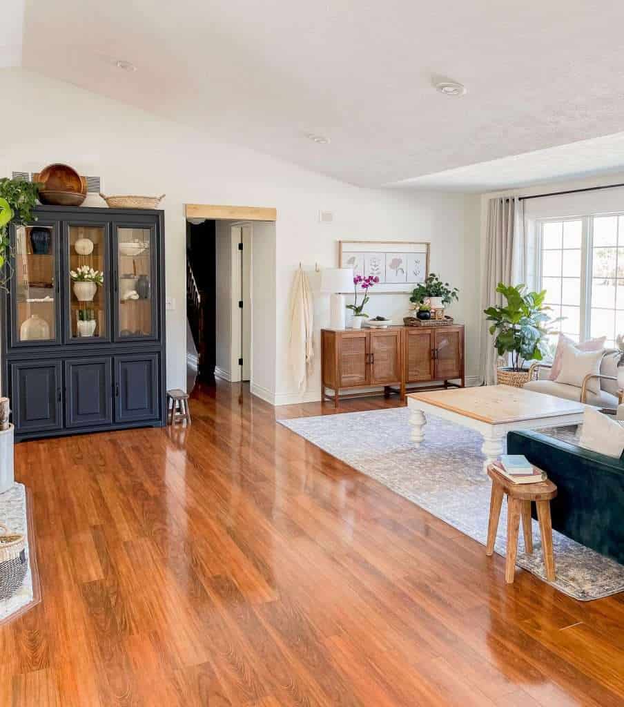 Narrow living room with a black cabinet.