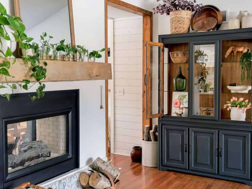 Spring decor in a china cabinet.