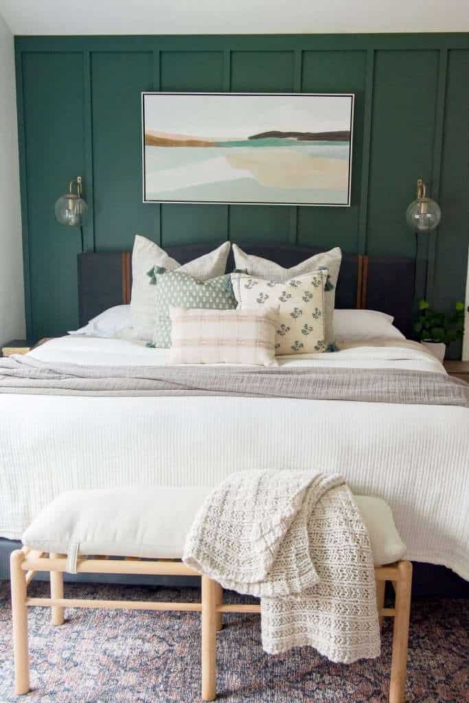 Bedroom bedding and artwork
