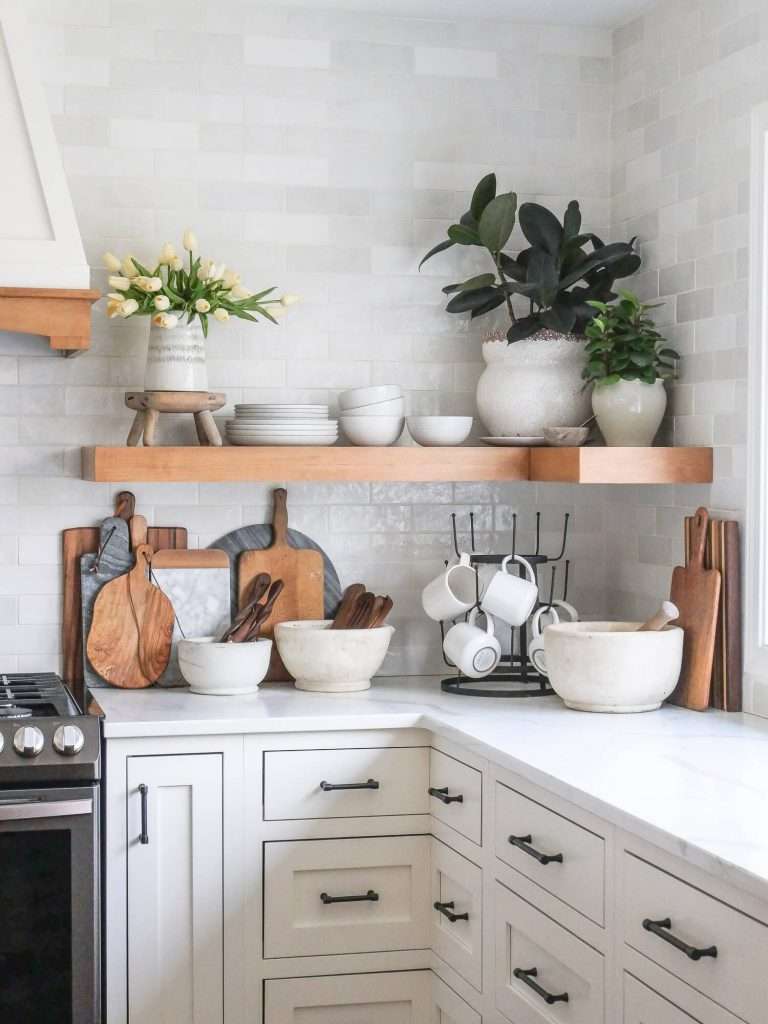 Simple open shelving in a kitchen.