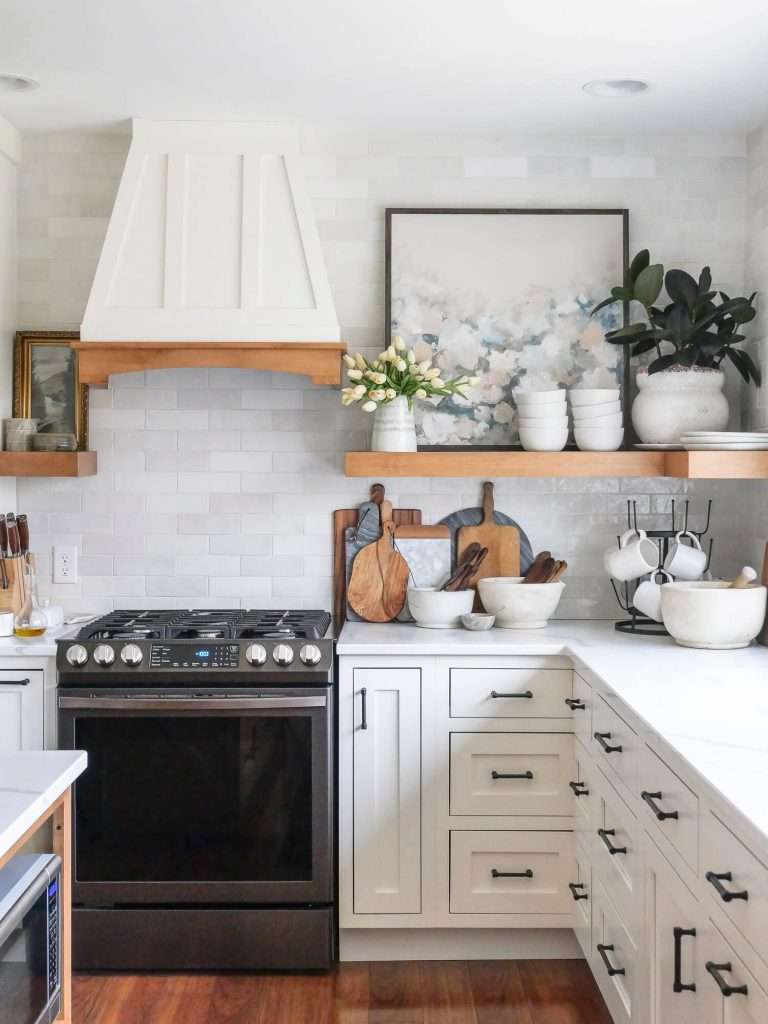 Decorative floating shelf in a kitchen.